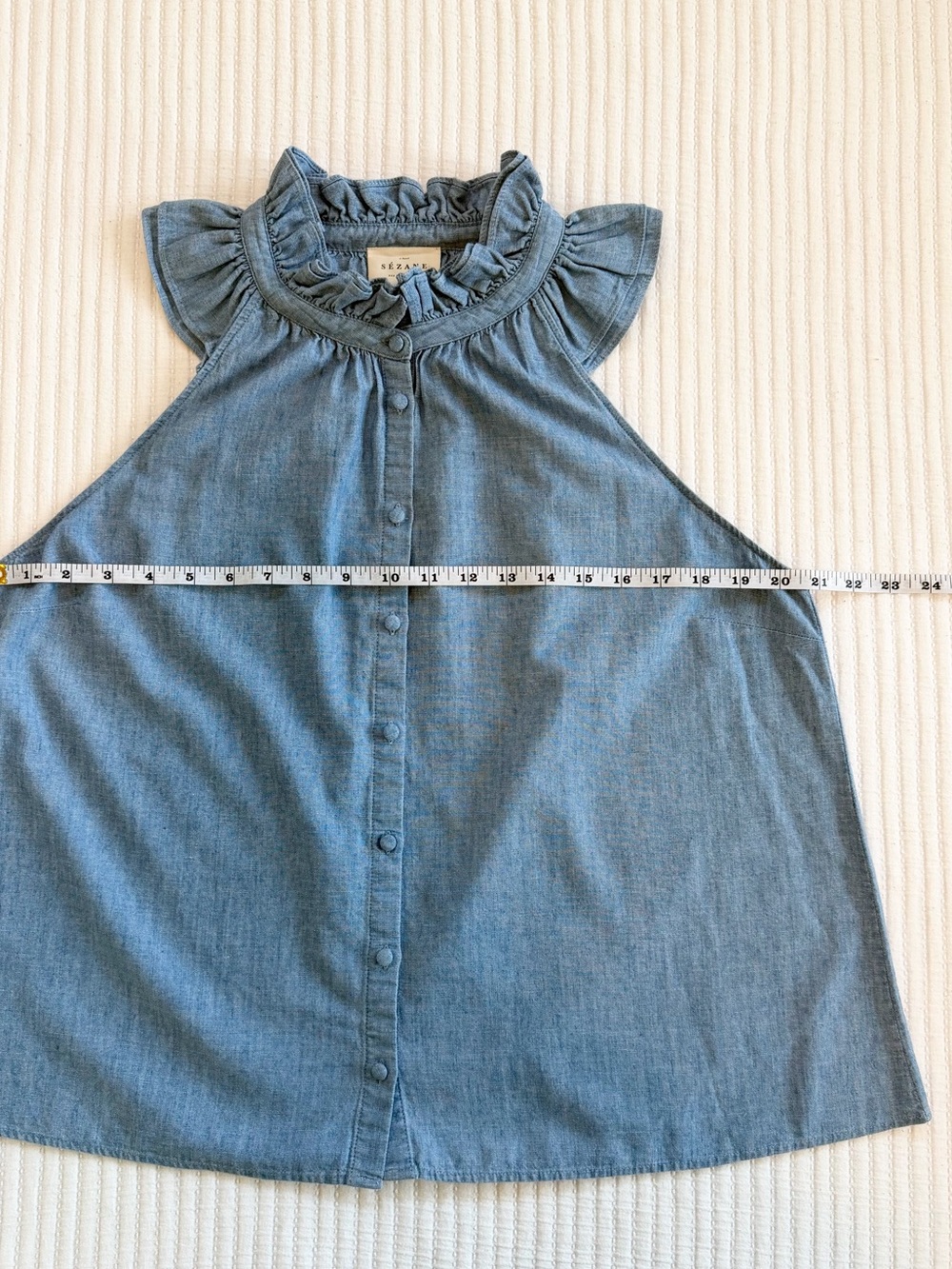 Sezane Charlotte Ruffle Neck Chambray Denim Tank Top - Picture 6 of 7